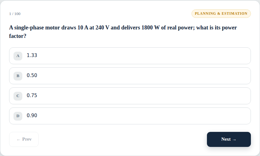 Close-up of one practice question from the course player: the question and its four answer options in English, exactly as shown while studying.