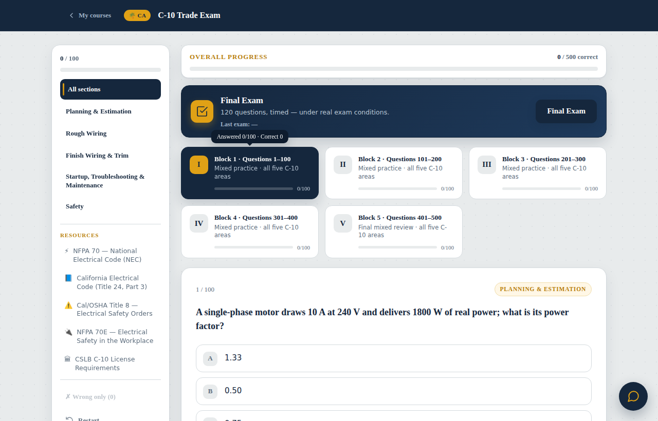 Screenshot of the LICENA course player: the C-10 Electrical course in English — five question blocks, a final exam, section navigation with official sources in the sidebar, and a practice question about motor power factor.