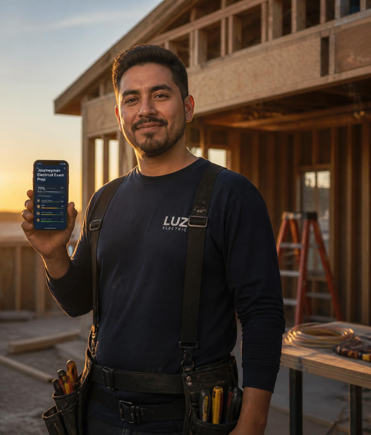 Contractor on a jobsite checking exam practice questions on a phone